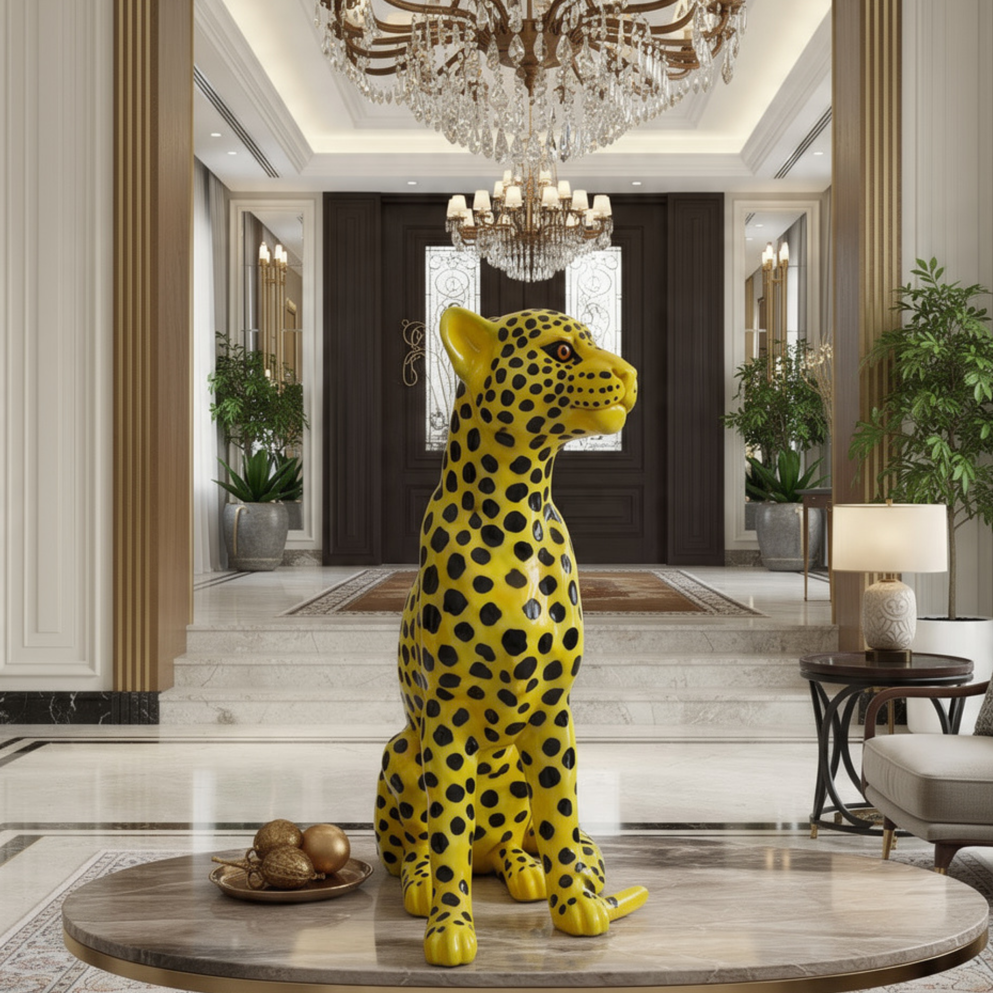 modern yellow spotted leopard statue large cheetah floor sculpture luxury maximalist home decor