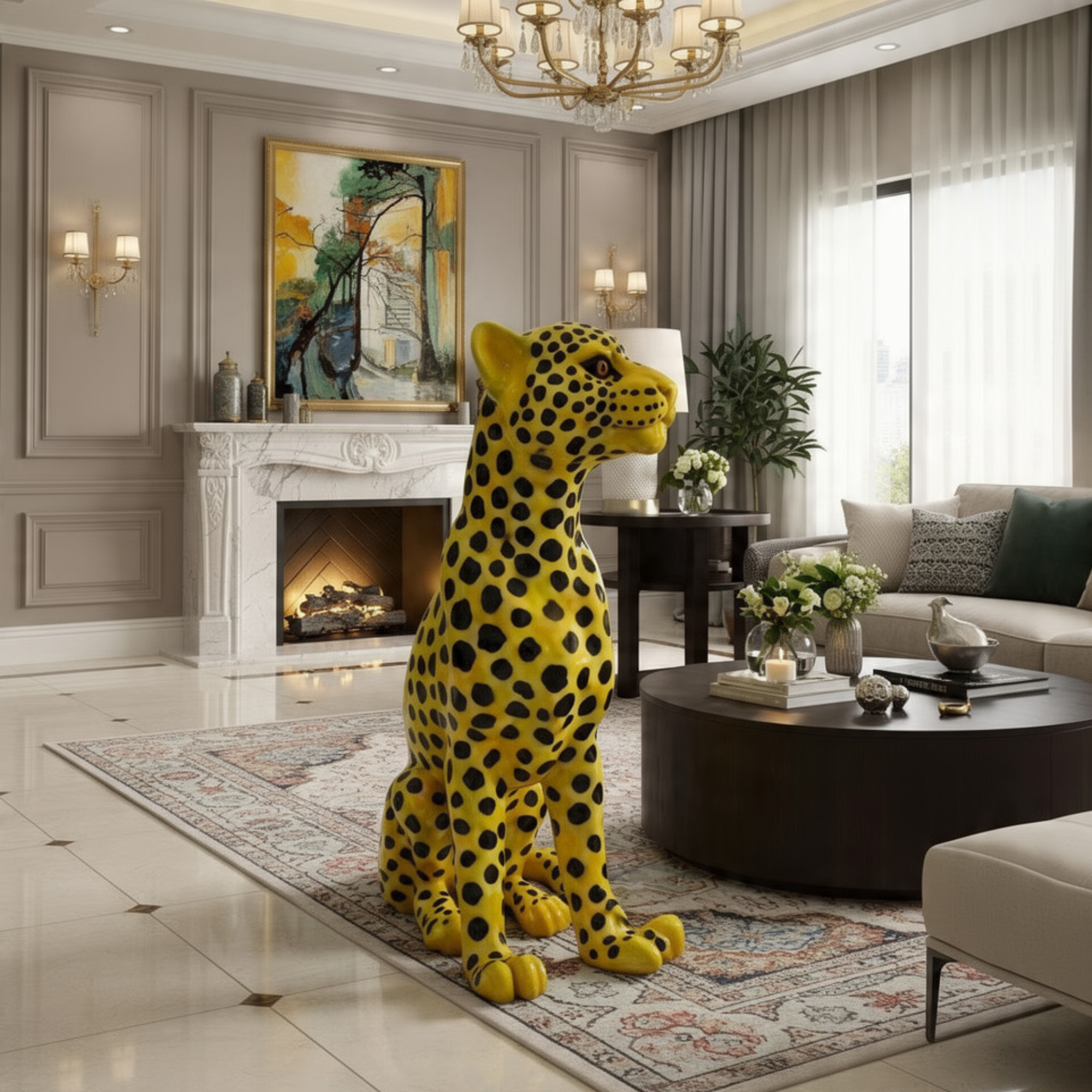 modern yellow spotted leopard statue large cheetah floor sculpture luxury maximalist home decor