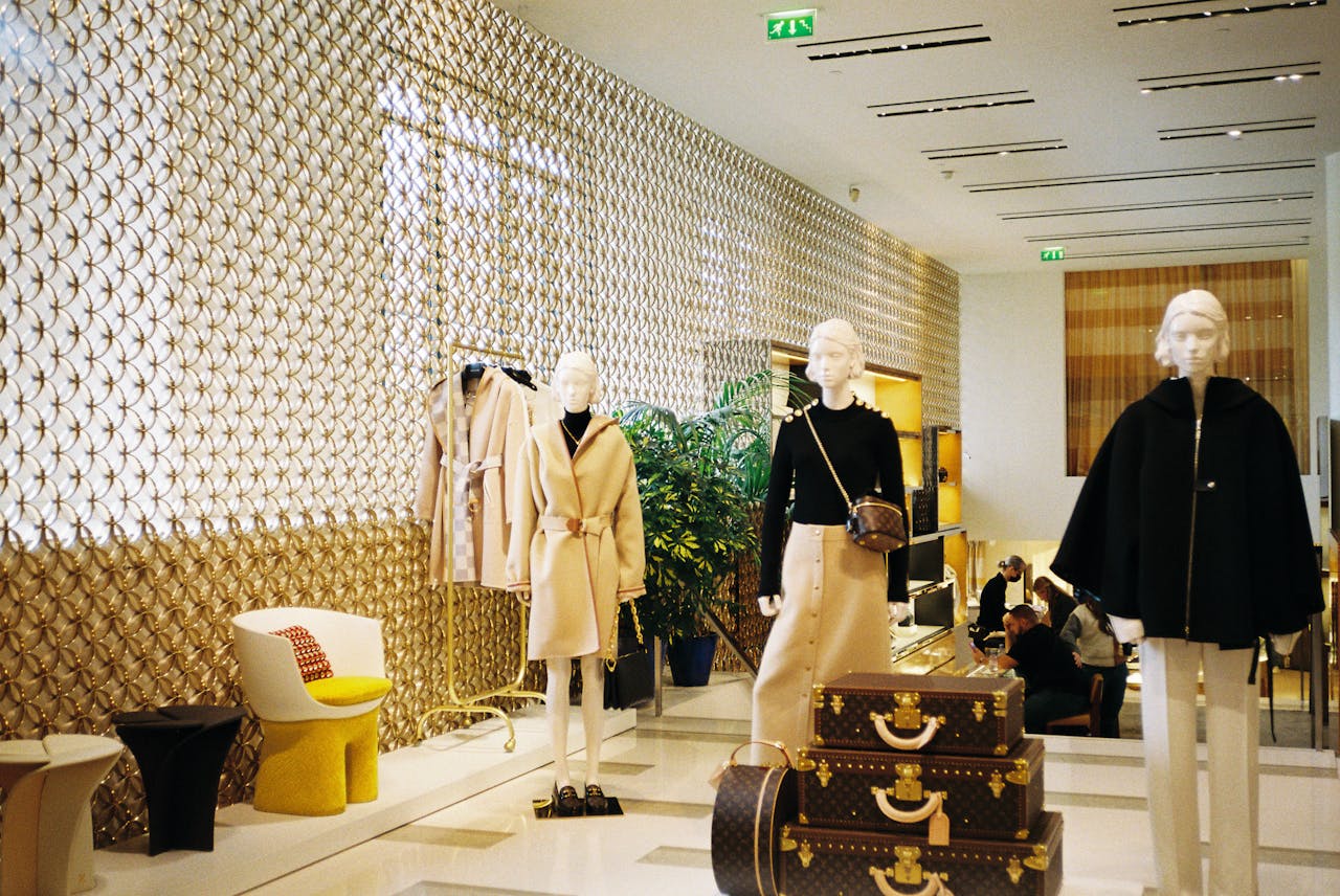 Elegant mannequins showcase chic fashion in a modern store setting with premium luggage.