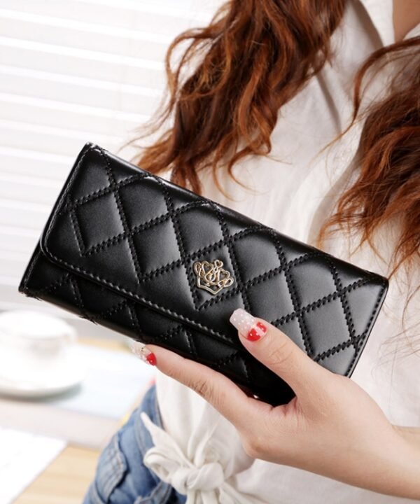 Fashion Argyles Texture Metal Crown 3-Folding Long Design PU Leather Wallet Coin Purse for Women