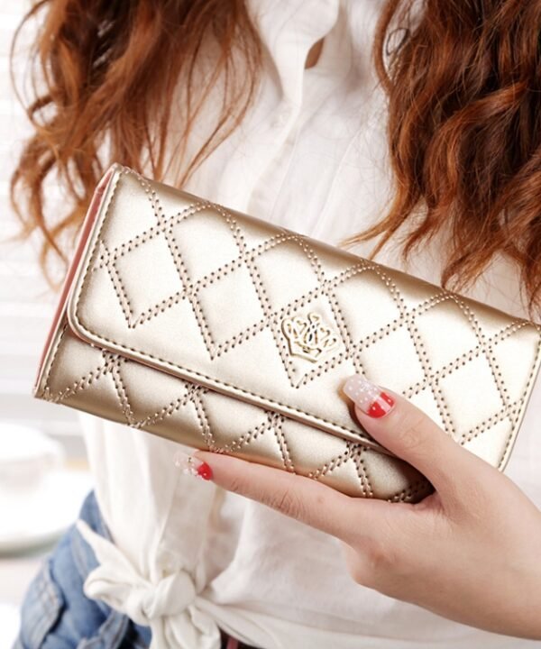 Fashion Argyles Texture Metal Crown 3-Folding Long Design PU Leather Wallet Coin Purse for Women