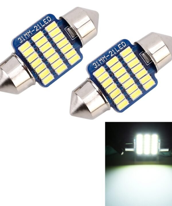 2 PCS 31mm DC12V / 1W / 6000K / 65LM 21LEDs SMD-3014 Car License Plate Light / Dome Light, with Decoder