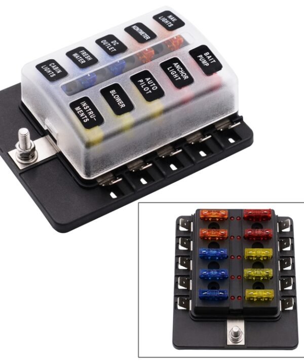 1 in 10 Out Fuse Box PC Terminal Block Fuse Holder Kits with LED Warning Indicator for Auto Car Truck Boat