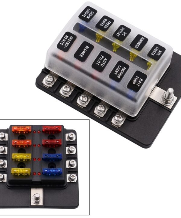 1 in 10 Out Fuse Box Screw Terminal Section Fuse Holder Kits with LED Warning Indicator for Auto Car Truck Boat