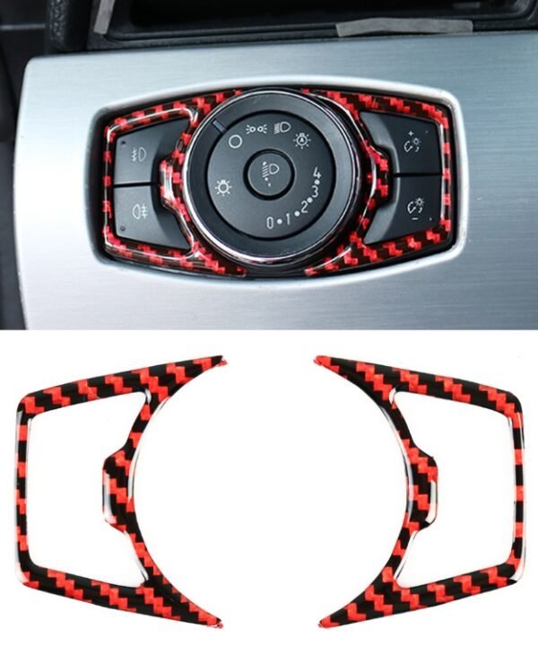 2 in 1 Car Carbon Fiber Headlight Switch Button Frame Decorative Sticker for Ford Mustang 2015-2020