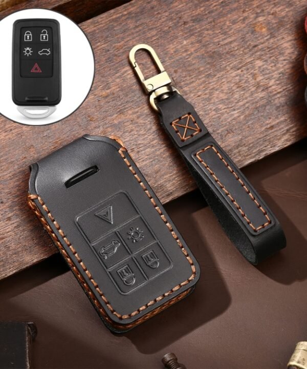 Hallmo Car Cowhide Leather Key Protective Cover Key Case for Volvo 5-button, For Volvo 5-button