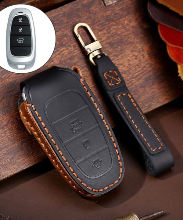 Hallmo Car Cowhide Leather Key Protective Cover Key Case for Hyundai 3-button, For Hyundai 3-button