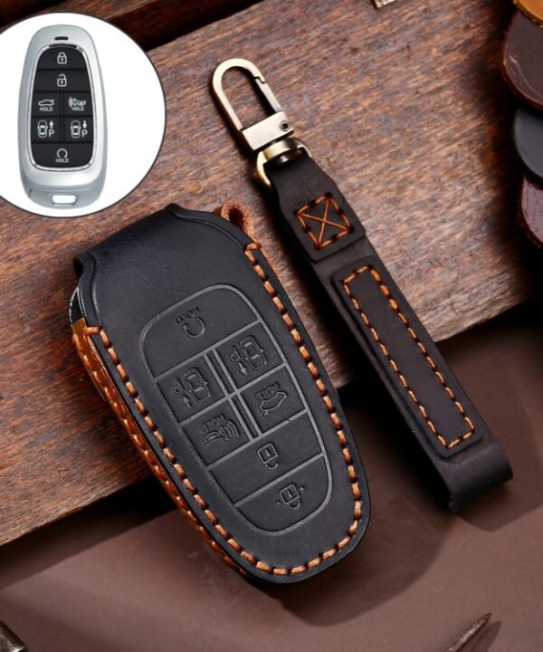 Hallmo Car Cowhide Leather Key Protective Cover Key Case for Hyundai 7-button, For Hyundai 7-button
