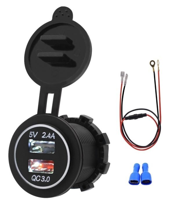 Universal Car QC3.0 Dual Port USB Charger Power Outlet Adapter 5V 2.4A IP66 with 60cm Cable, 2.4A + 60cm Cable (White Light), 2.4A + 60cm Cable(Blue Light), 2.4A + 60cm Cable (Green Light), 2.4A + 60cm Cable (Orange Light), 2.4A + 60cm Cable (Red Light)