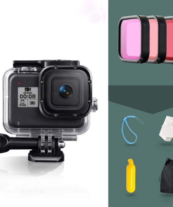 For GoPro HERO8 Black 45m Waterproof Housing Protective Case with Buckle Basic Mount & Screw & (Purple, Red, Pink) Filters & Floating Bobber Grip & Strap & Anti-Fog Inserts, Black HERO8 Case+Filters