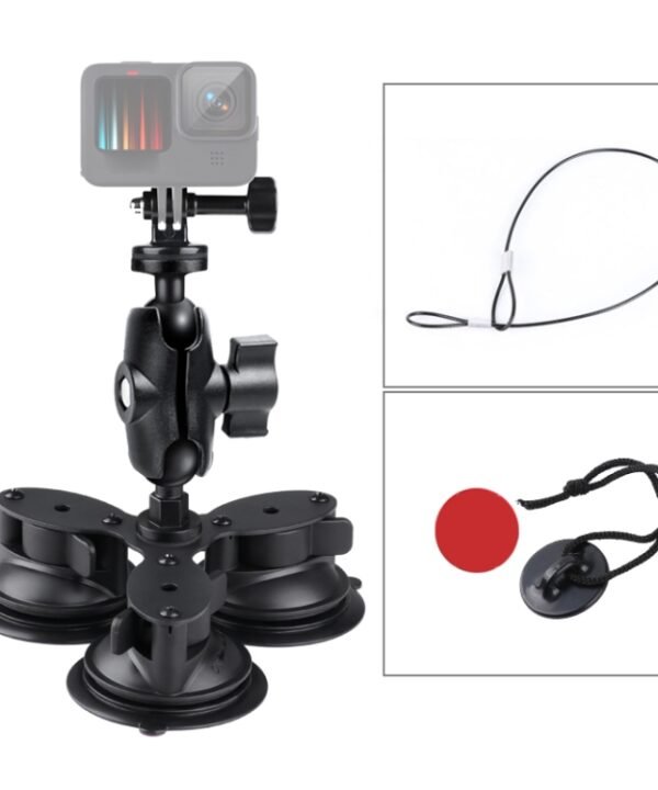 Triangle Suction Cup Mount Holder with Tripod Adapter & Steel Tether & Safety Buckle, Triangle Suction Cup