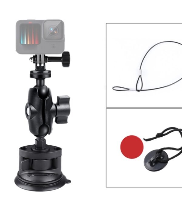 Single Suction Cup Mount Holder with Tripod Adapter & Steel Tether & Safety Buckle, Single Suction Cup