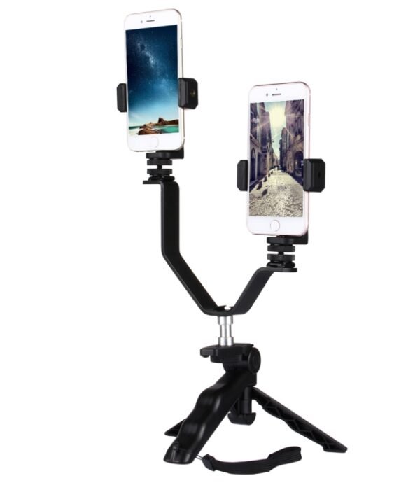 Smartphone Live Broadcast Bracket Grip Folding Tripod Holder Kits with 2x Phone Clips , For iPhone, Galaxy, Huawei, Xiaomi, HTC, Sony, Google and other Smartphones
