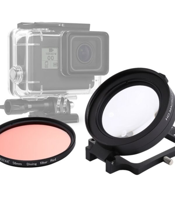 JSR 58mm 16X Macro Lens + Red Diving Lens Filter with Lens Cover + Lens Filter Ring Adapter + String + Cleaning Cloth for GoPro HERO6 /5 Dive Housing