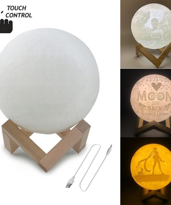 Customized Touch Switch 3-color 3D Print Moon Lamp USB Charging Energy-saving LED Night Light with Wooden Holder Base, 8cm, 10cm, 13cm, 15cm, 18cm, 20cm