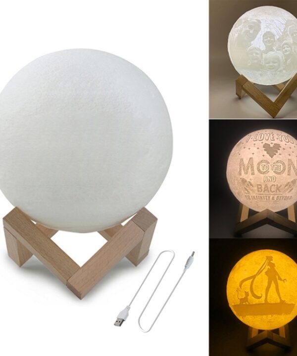 Customized Patted 3-color 3D Print Moon Lamp USB Charging Energy-saving LED Night Light with Wooden Holder Base, 8cm, 10cm, 13cm, 15cm, 18cm, 20cm