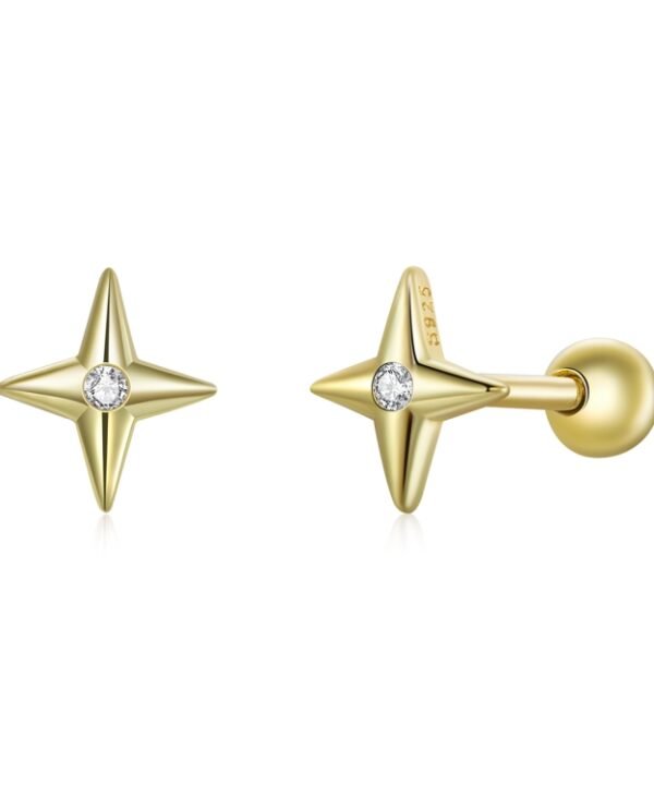 S925 Sterling Silver Golden Stars Ear Studs Women Earrings