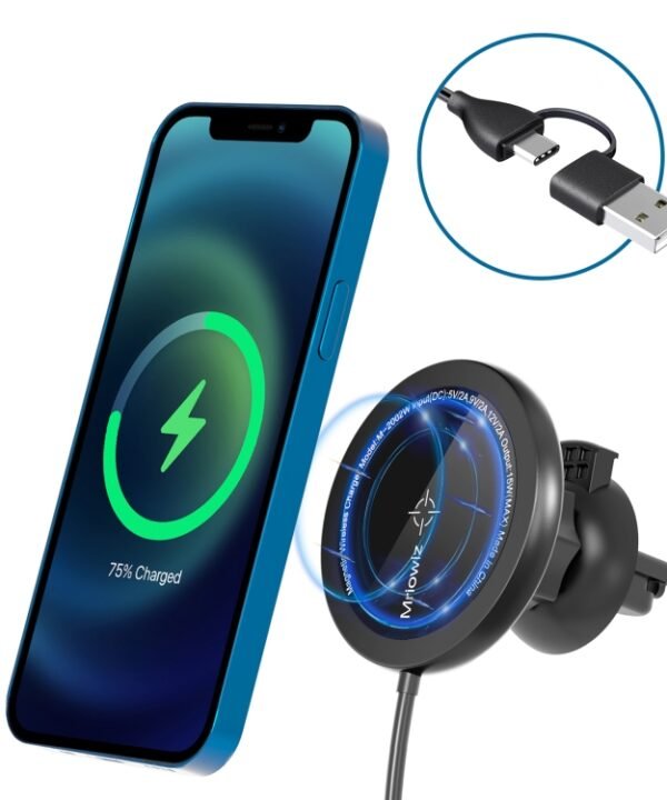 Mriowiz M-2002W 15W 360-degree Rotating MagSafe Magnetic Car Wireless Charger for iPhone 12 Series, with USB + USB-C / Type-C Data Cable, Cable Length: 1m