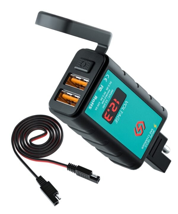 WUPP ZH-1422A2 DC12-24V Motorcycle Square Dual USB Fast Charging Charger with Switch + Voltmeter + Integrated SAE Socket + 1m SAE Socket Cable
