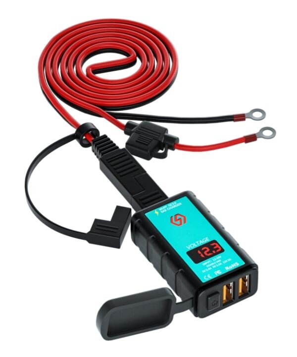 WUPP ZH-1422A3 DC12-24V Motorcycle Square Dual USB Fast Charging Charger with Switch + Voltmeter + Integrated SAE Socket + 1.4m OT Terminal Cable