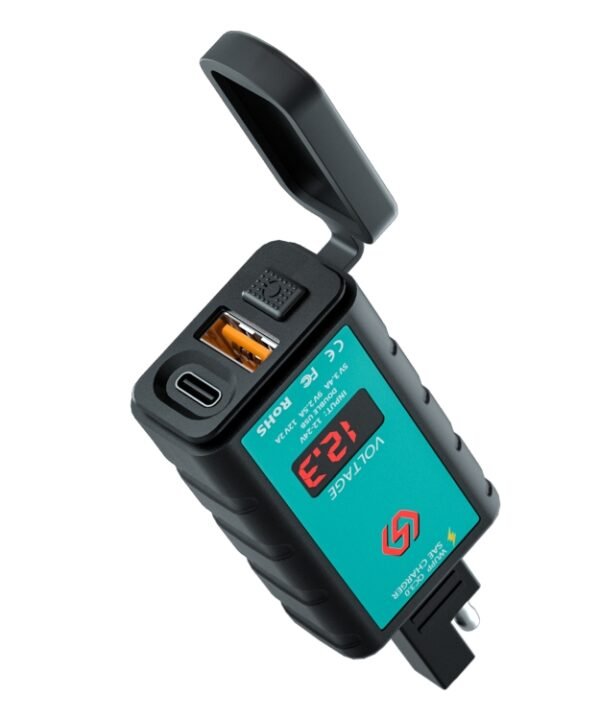 WUPP ZH-1422B1 DC12-24V Motorcycle Square Single USB + PD Fast Charging Charger with Switch + Voltmeter + Integrated SAE Socket
