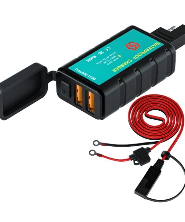WUPP ZH-1422C3 Motorcycle Square Dual USB Fast Charging Charger with Switch + Integrated SAE Socket + 1.4m OT Terminal Cable