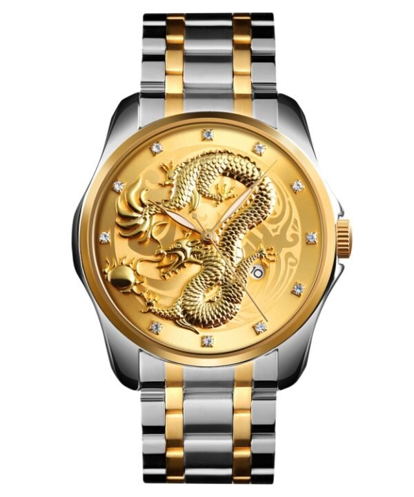 SKMEI 9193 Men Golden Dragon Pattern Calendar Dial Luminous Quartz Watch