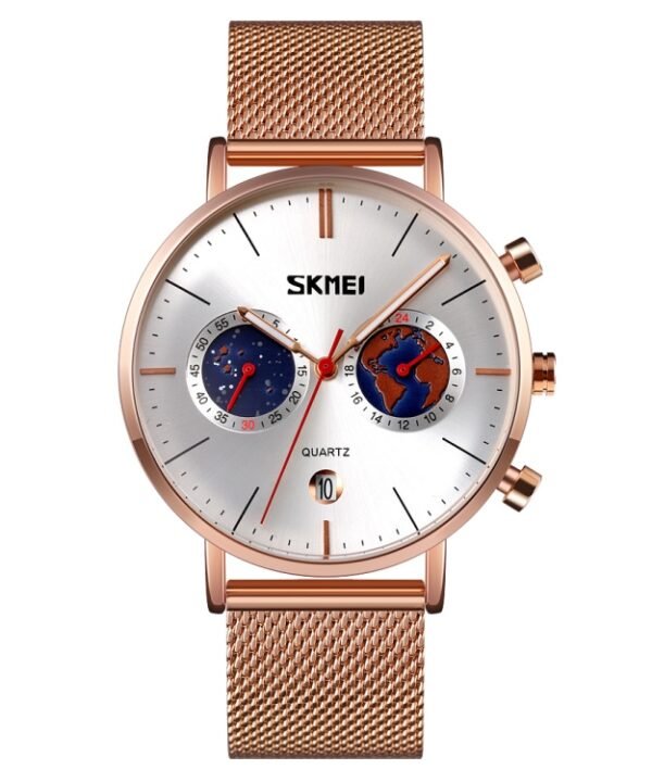 SKMEI 9231 Men Map Pattern Calendar Stopwatch Stainless Steel Strap Quartz Watch