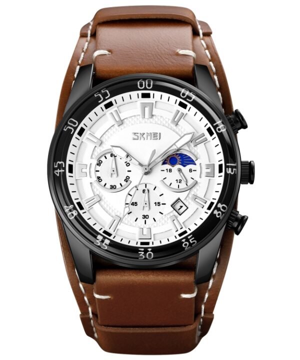 SKMEI 9249 Men Moonphase Calendar Stopwatch Leather Strap Quartz Watch