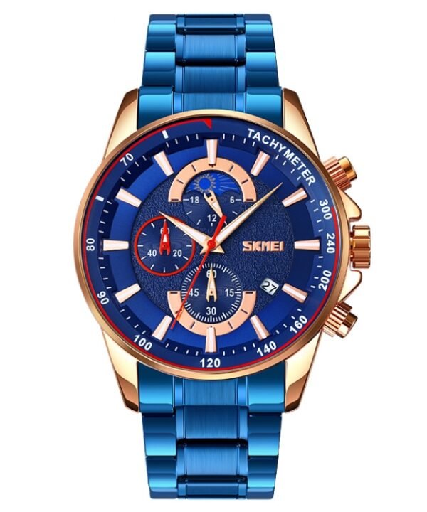 SKMEI 9250 Men Moonphase Stopwatch Date Six Pin Stainless Steel Strap Quartz Watch