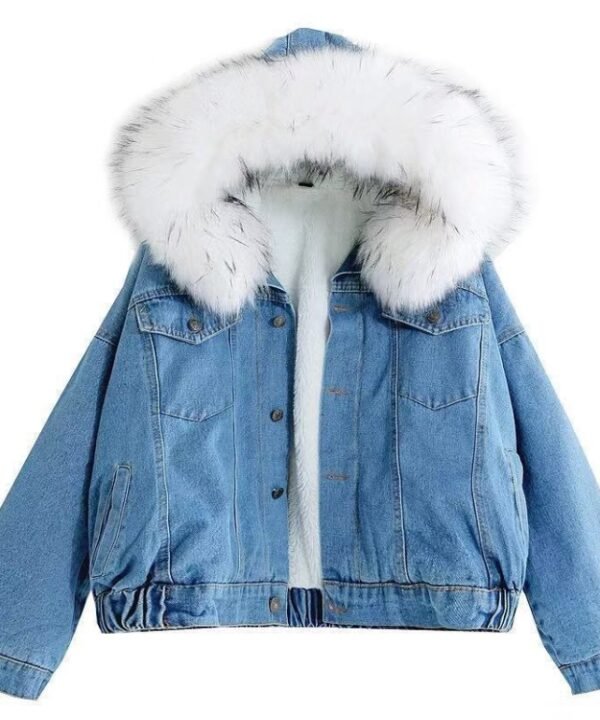 Velvet Thick Denim Jacket Female Winter Big Fur Collar Locomotive Lamb Coat Female Student Short Coat, Size:, S, M, X, XL, XXL