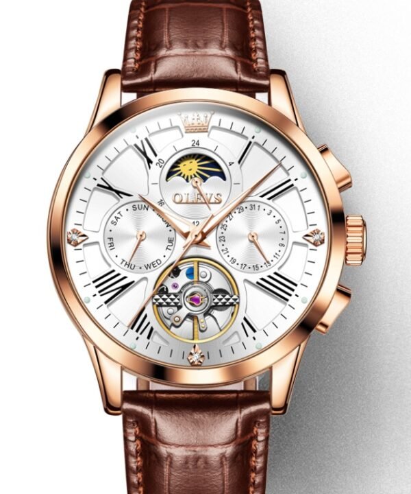 OLEVS 9912 Hollow Flywheel Week Calendar Dial Luminous Mechanical Watch for Men