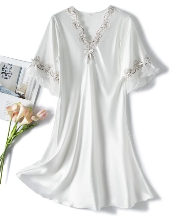Scalloped Edge V-Neck Mid Sleeve Loose Women Nightdress, S, M, L, XL