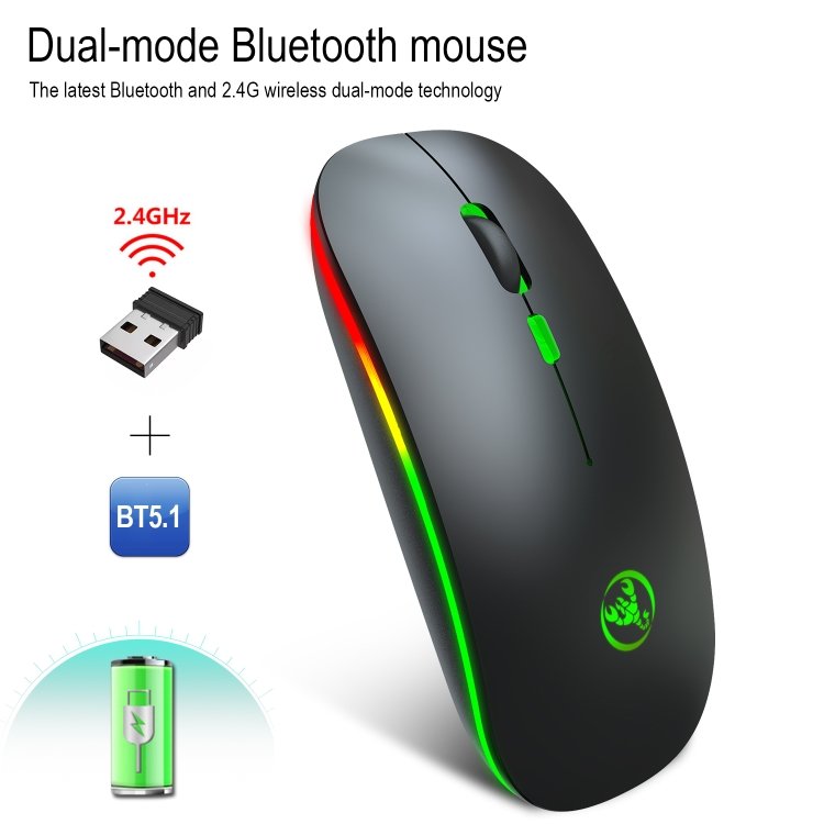 HXSJ T18 2.4GHZ 1600dpi Dual-mode Light-emitting Wireless Mouse USB + Bluetooth 5.1 Rechargeable - Image 2