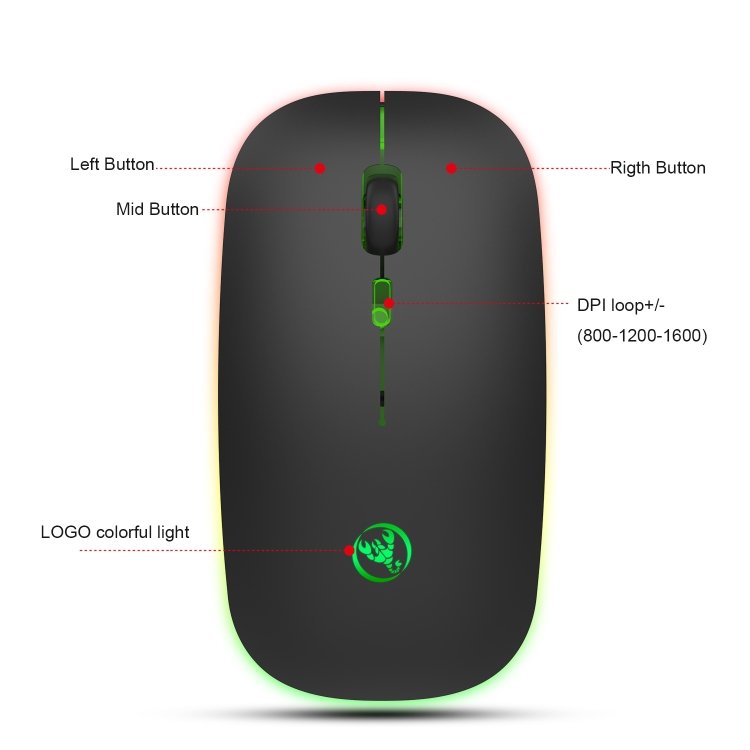 HXSJ T18 2.4GHZ 1600dpi Dual-mode Light-emitting Wireless Mouse USB + Bluetooth 5.1 Rechargeable - Image 4
