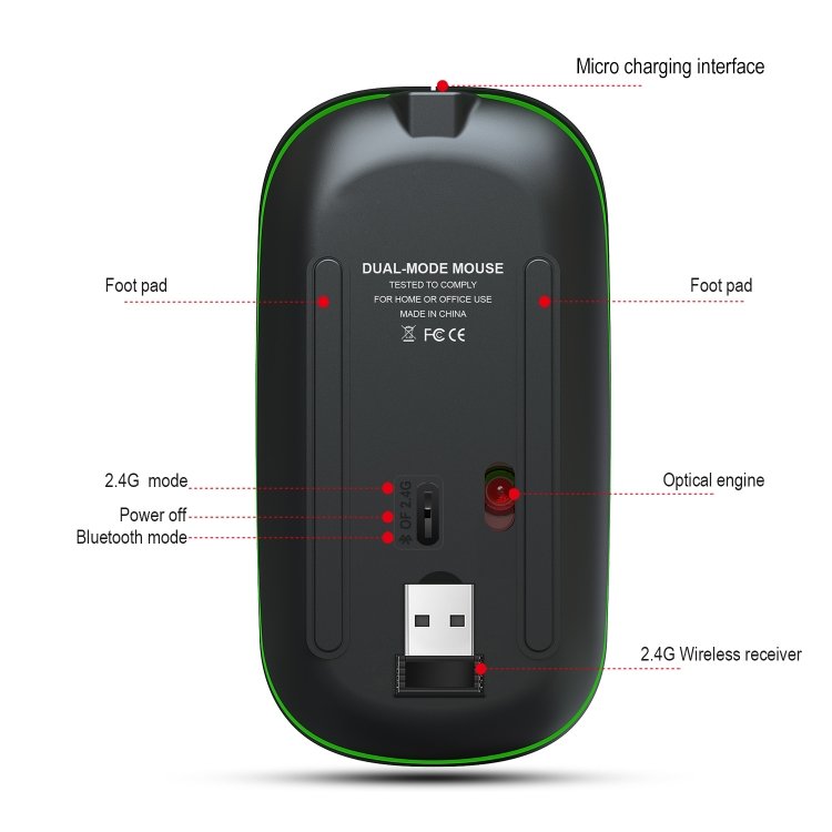 HXSJ T18 2.4GHZ 1600dpi Dual-mode Light-emitting Wireless Mouse USB + Bluetooth 5.1 Rechargeable - Image 5