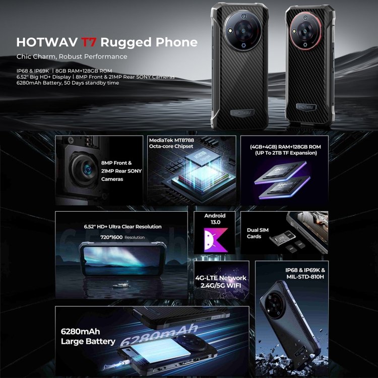HOTWAV T7 Rugged Phone, 6280mAh, 6.52 inch Android 13 MT8788 Octa Core, Network: 4G, OTG, 4GB+128GB - Image 6