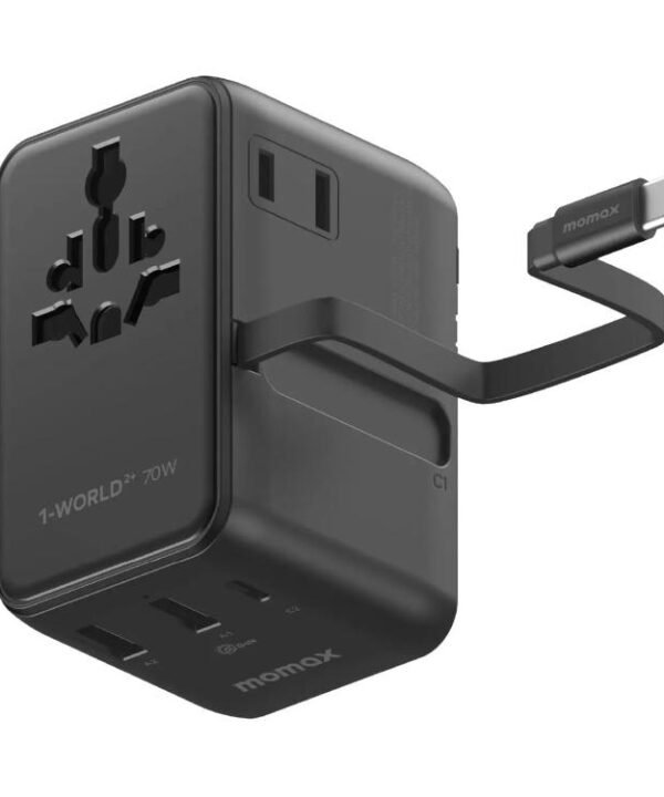 MOMAX UA30 1-World 2+ 70W Dual AC Universal Travel GaN Charger with Retractable Cable, UA30D, UA30L
