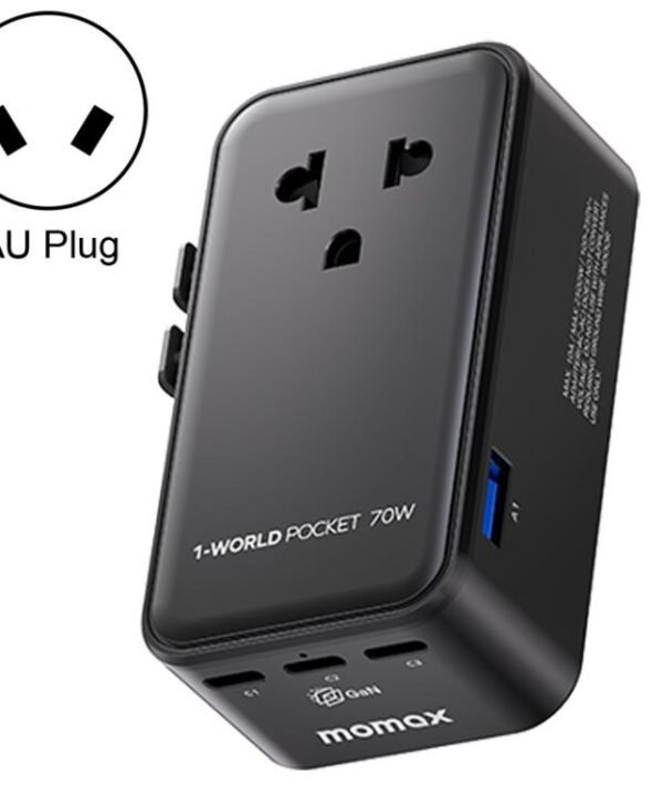 MOMAX UA36 1-World Pocket 70W 4-Port Ultra-Thin GaN Universal Travel Adapter, AU Plug, EU Plug, UK Plug, US Plug