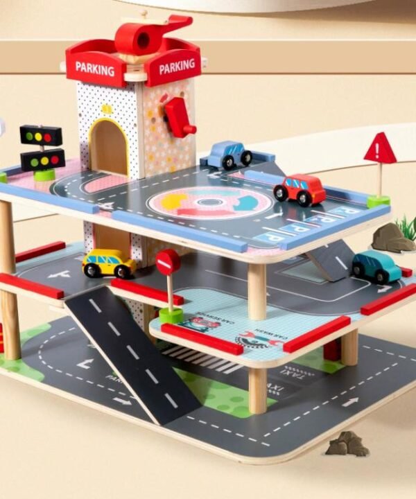 Children Wooden Pretend Play Simulation 3-tier Parking Lot