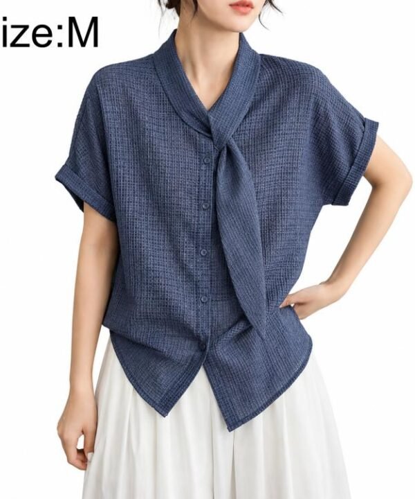 Vintage Plaid Tie Neck Blouse Women Short Sleeve Shirt, M, L, XL, 2XL
