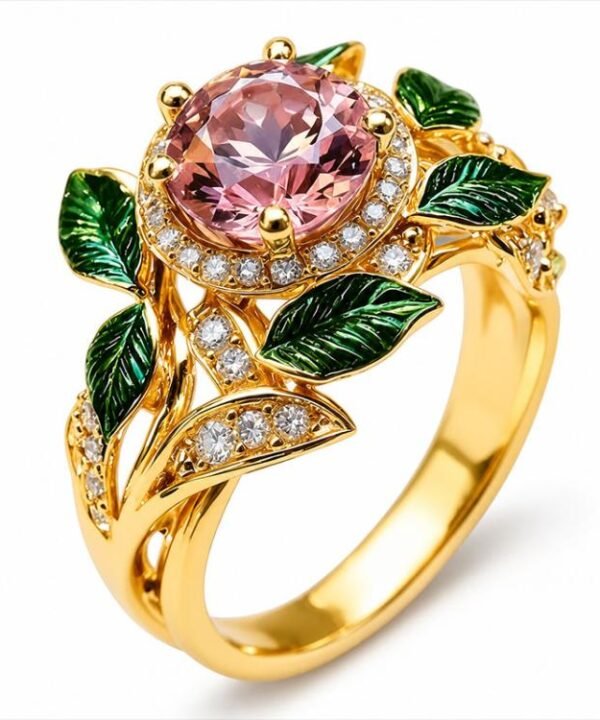 Exquisite Oil Drop Craft Flower Pink Gemstone Ring, Number 8
