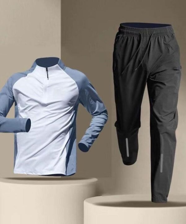 Mens Quick Dry Gym Wear Fitness Clothing With Half Zipper, White + Light Blue Set, White + Light Blue Long Sleeve, Black + Light Blue Set, Black + Light Blue Long Sleeve, Black + Navy Blue Set, Black + Navy Blue Long Sleeve, Blue + White Long Sleeve