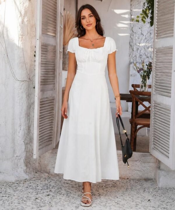 Women Elegant Pure Color Bubble Sleeve French Dress, M, L, XL, S, XXL