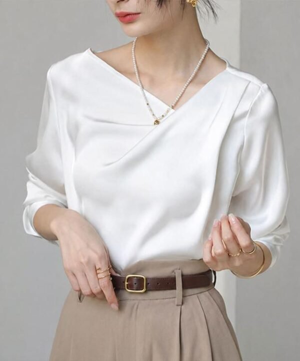 Women Diagonal V-neck Satin Long Ssleeve Blouse, S, M, L, XL, XXL