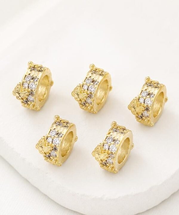 5 PCS/Pack Gold Filled Inlaid Zircon Hole Spacer Beads for DIY Jewelry Making, Butterfly Zircon Ring 8.5mm, 4-Leaf Clover Zircon Bead 7mm, Cubic 4-Diamond Bead 6mm, Ripple Round Bead 5mm, Hollow Zircon Bead 8mm, 5-Leaf Flower Bead 4.3x8mm Hole 4mm...