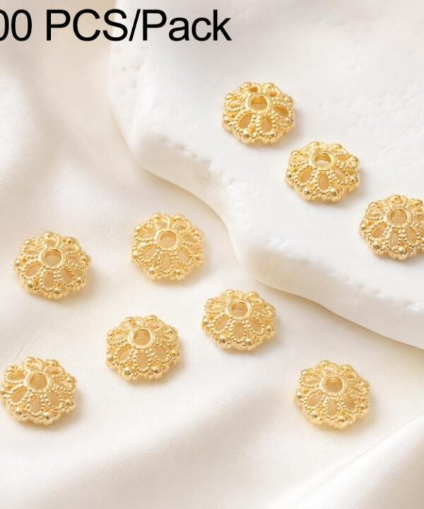 100 PCS/Pack Gold Filled Hollow Flower Bead Caps Spacers for DIY Jewelry Making, 6-Petal Point Cap 8mm, 6-Petal Flower Cap 9mm, Copper Coin Bead Cap 8mm Hole 2.4mm, Copper Coin Bead Cap 10mm Hole 3mm, 5-Petal Flower Cap 6mm