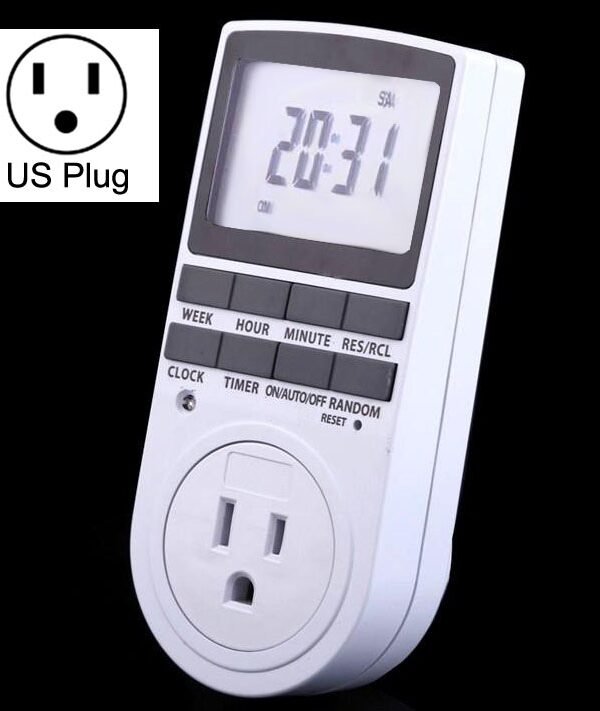 AC 120V Smart Home Plug-in Programmable LCD Display Clock Summer Time Function 12/24 Hours Changeable Timer Switch Socket, US Plug, AC 120V US Plug