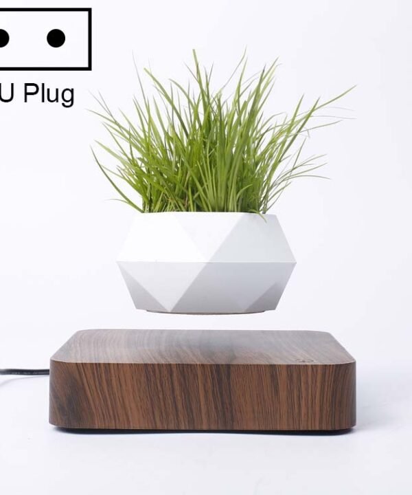 Diamond Plastic Flower Pot + Dark Wood Grain Base Magnetic Levitation Potted Plant Home Decoration, EU Plug, Dark Wood Grain EU Plug, Light Wood Grain EU Plug