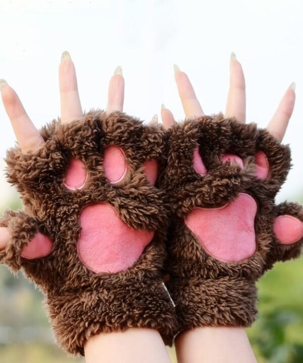 Winter Lovely Cartoon Cat Claw Lady Gloves Thick Warm Fluffy Paws Half Finger Gloves
